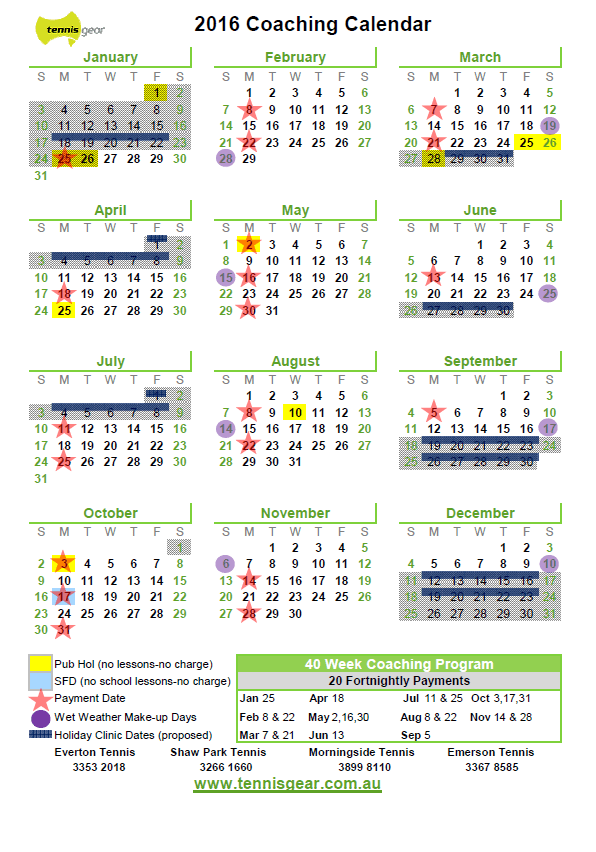 2016 Coaching Calendar Roy Emerson Tennis Centre